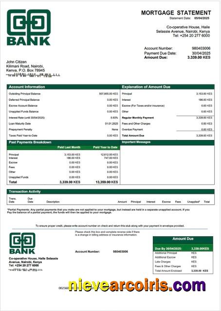 Kenya Co-operative Bank of Kenya mortgage statement Word and PDF template